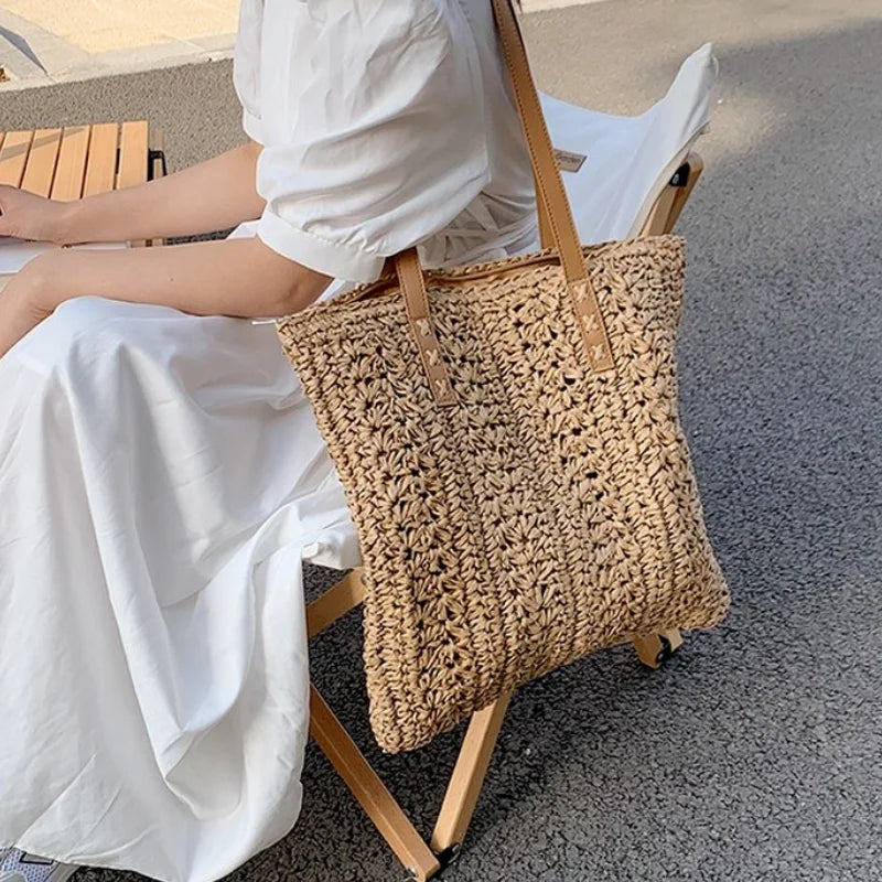 Straw Beach Bag Vintage Woven Shoulder Bag Shopping Travel Bag Summer Vacation