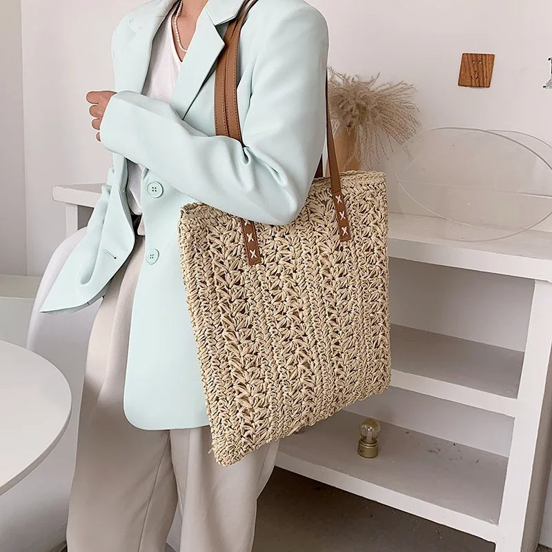 Straw Beach Bag Vintage Woven Shoulder Bag Shopping Travel Bag Summer Vacation