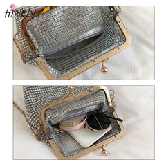 Metal Evening Bag with Chain Strap Women Diamonds Beaded Small Shoulder Bag