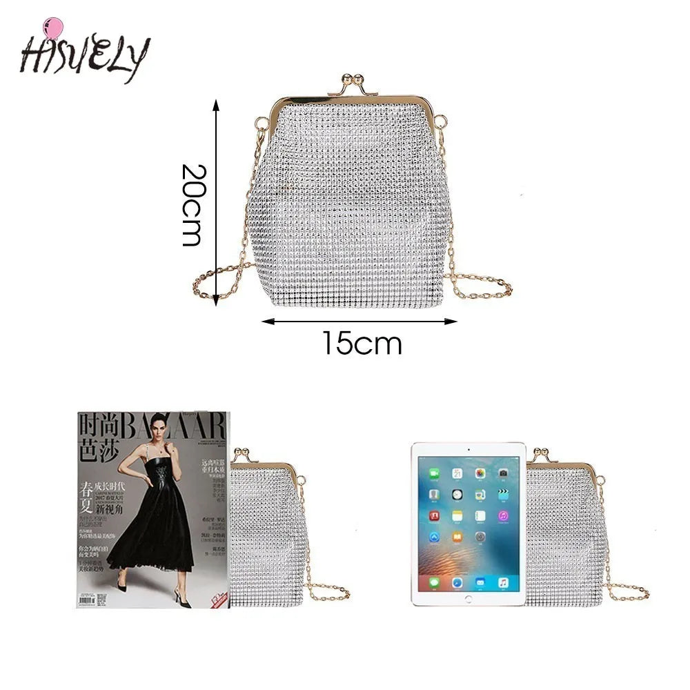 Metal Evening Bag with Chain Strap Women Diamonds Beaded Small Shoulder Bag