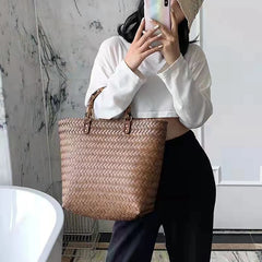 Women Straw Tote Bag Beach Shoulder Handbag Hollow Out Storage