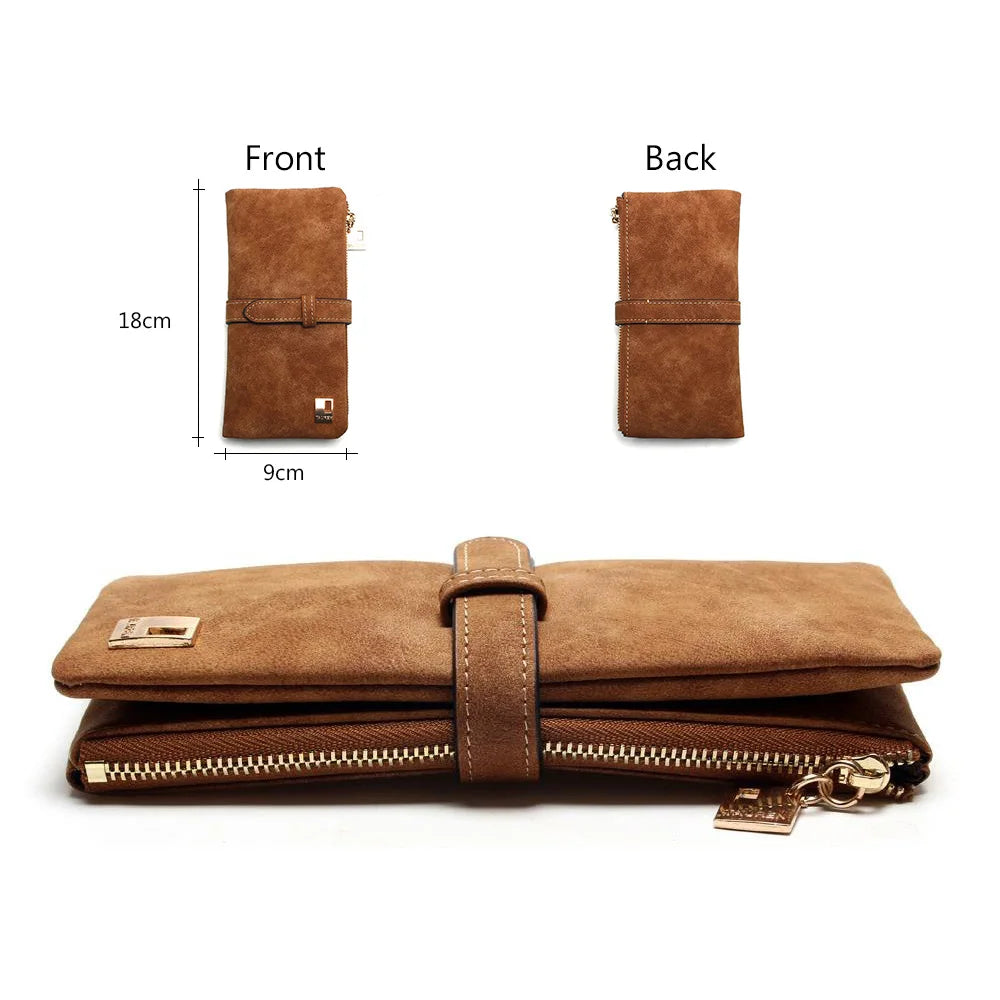 Women Wallets Nubuck Leather Zipper Long Purse Vintage Frosted