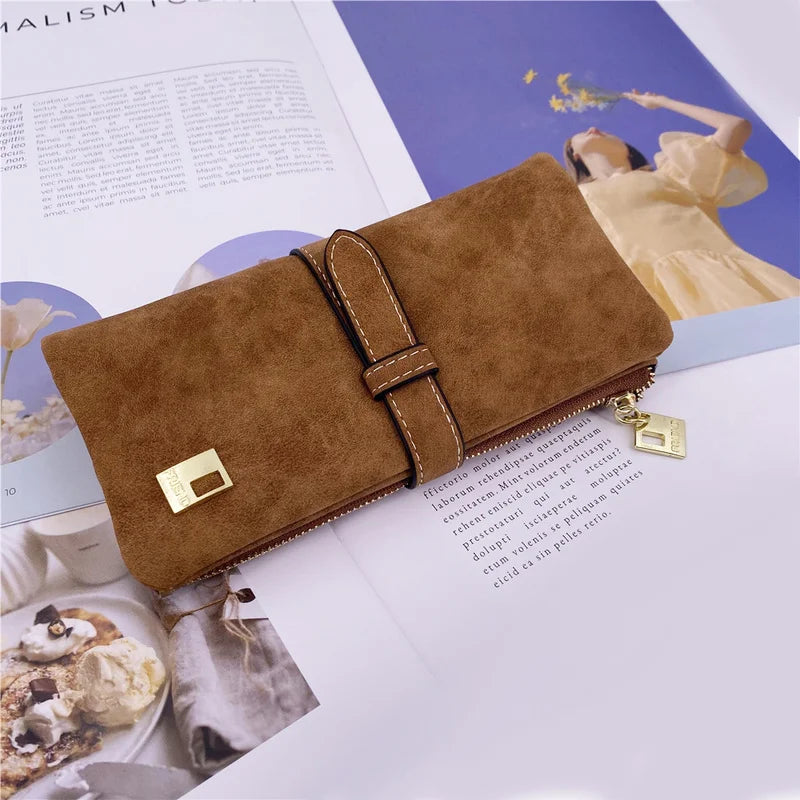 Nubuck Leather Zip Wallet Fold Clutch