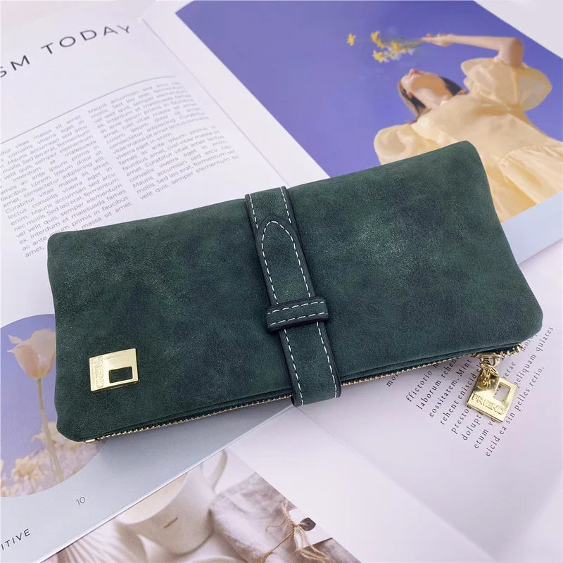 Nubuck Leather Zip Wallet Fold Clutch