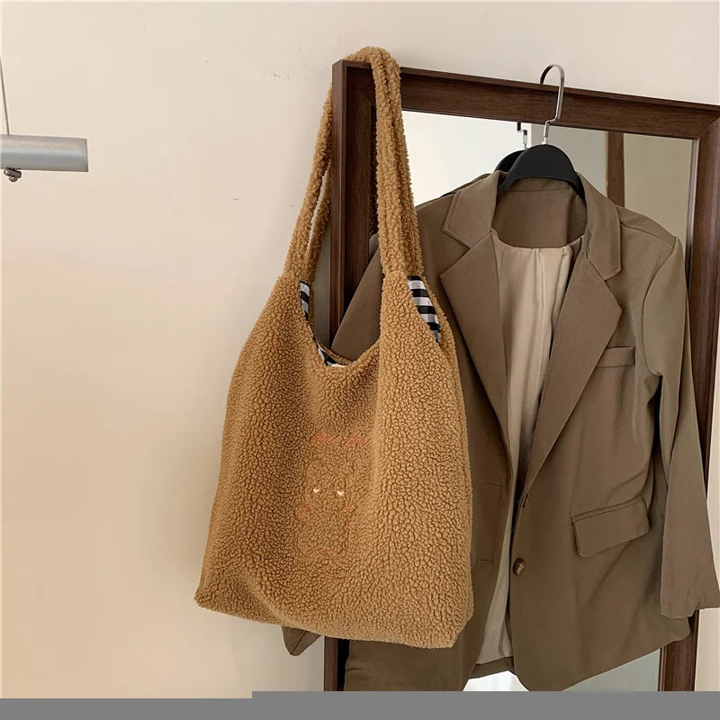 Faux Bear Plush Shoulder Bag for Women Winter Large Capacity Handbag