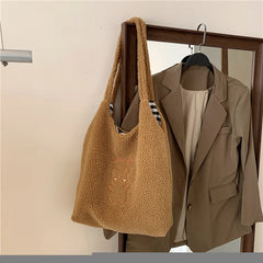Faux Bear Plush Shoulder Bag for Women Winter Large Capacity Handbag