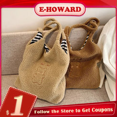 Faux Bear Plush Shoulder Bag for Women Winter Large Capacity Handbag