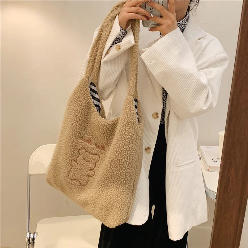 Faux Bear Plush Shoulder Bag for Women Winter Large Capacity Handbag