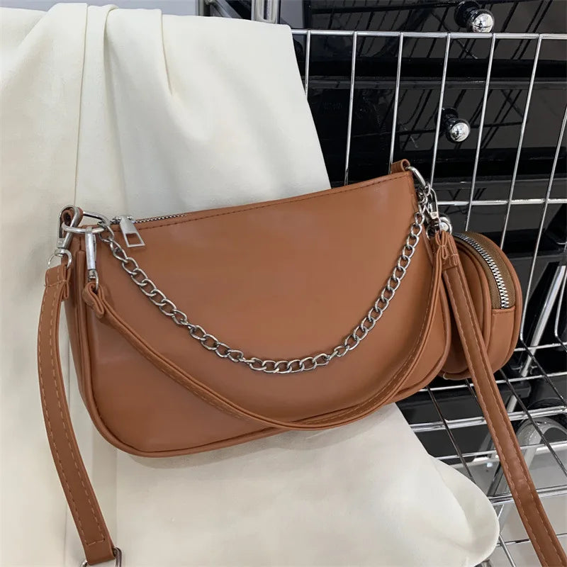 Women's Wide Shoulder Strap Solid Shoulder Bag with Small Round Bag