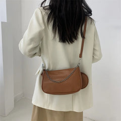 Women's Wide Shoulder Strap Solid Shoulder Bag with Small Round Bag