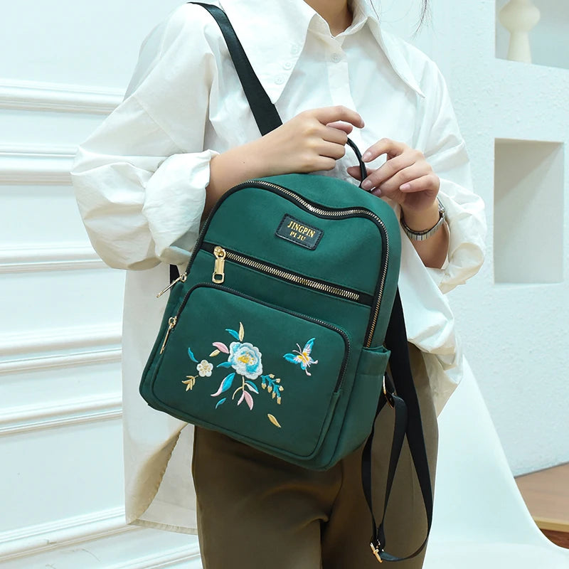 Embroidered Nylon Backpack Large Capacity Girls School Bag