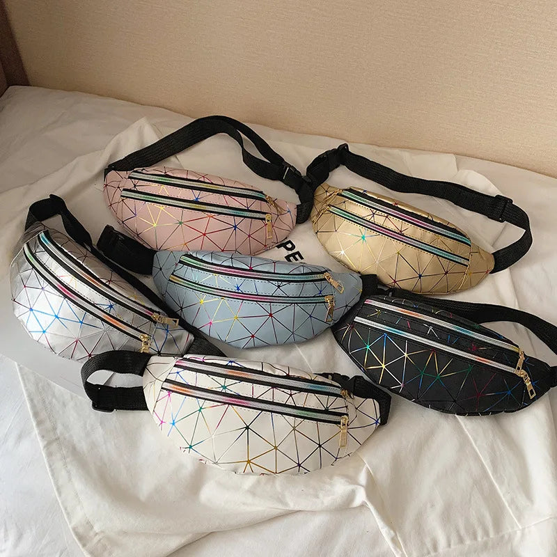 Women Pink Holographic Waist Bag Fanny Pack Geometric Phone Pouch
