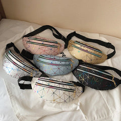 Women Pink Holographic Waist Bag Fanny Pack Geometric Phone Pouch