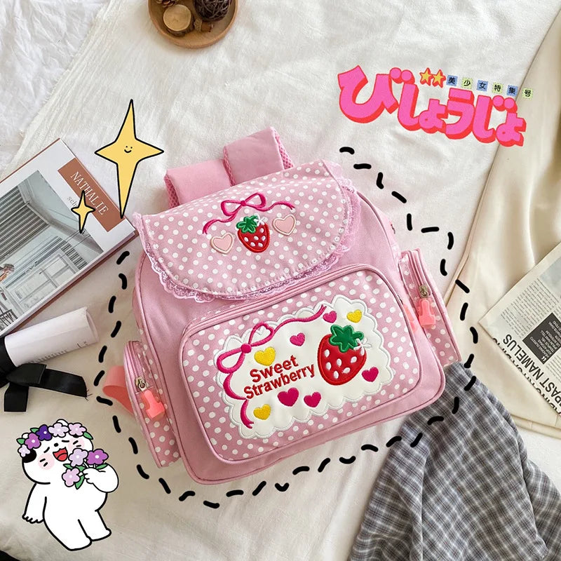 Embroidered Strawberry Children's Backpack, Pink, Birthday Gift