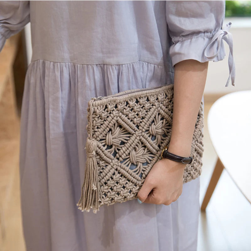 Women Envelope Hasp Beach Bag Clutch Female Braided Handbag