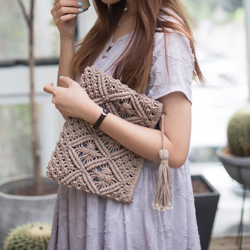 Women Envelope Hasp Beach Bag Clutch Female Braided Handbag