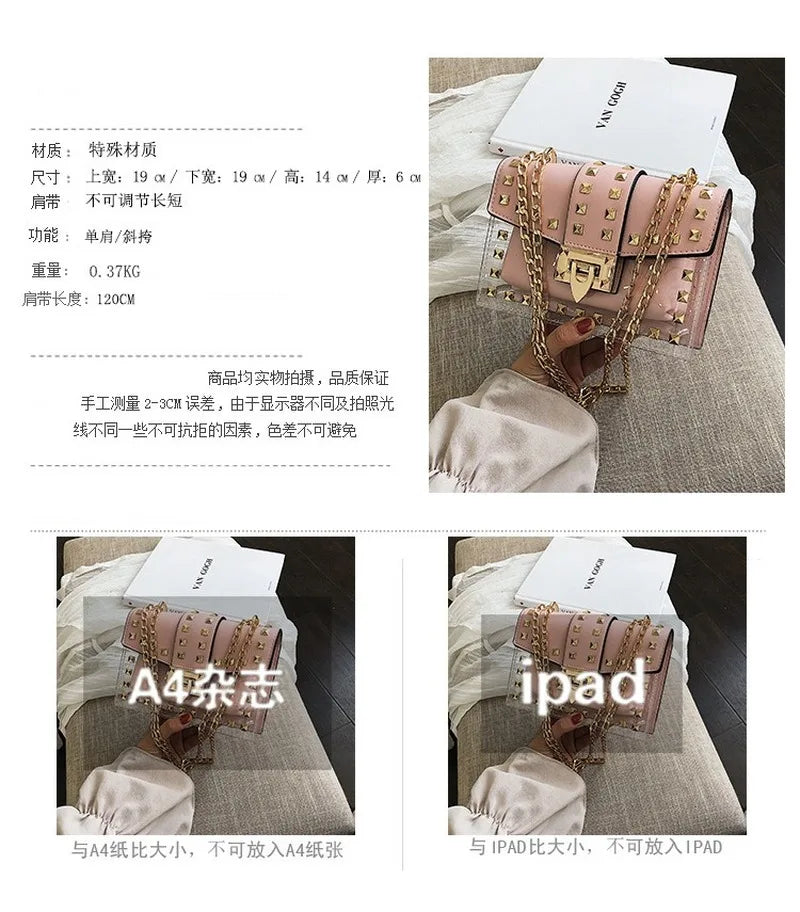 Rivet Shoulder Bag Women Chain Transparent Square Bag