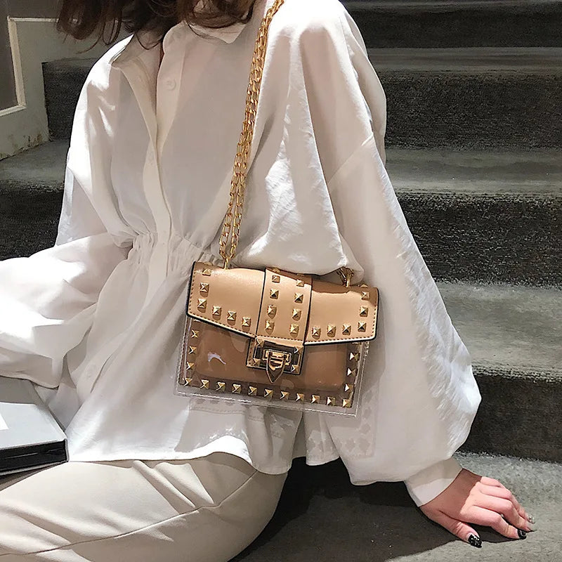 Rivet Shoulder Bag Women Chain Transparent Square Bag