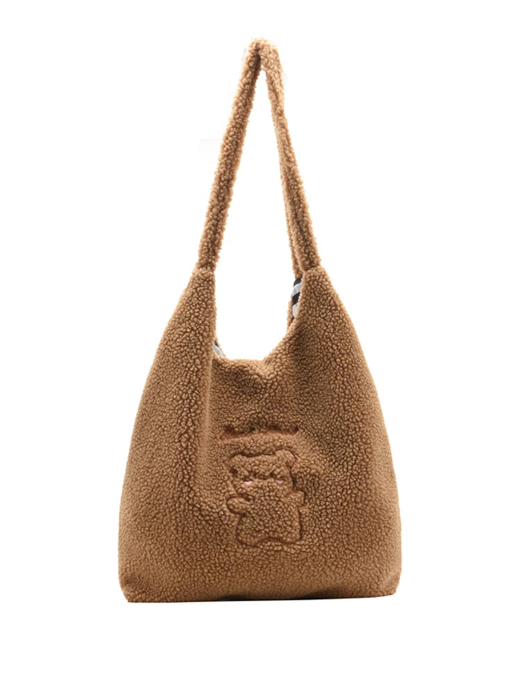 Large Capacity Soft Canvas Tote Ladies Handbags Plush Shoulder for Women