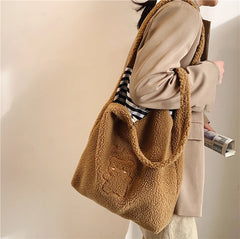 Large Capacity Soft Canvas Tote Ladies Handbags Plush Shoulder for Women
