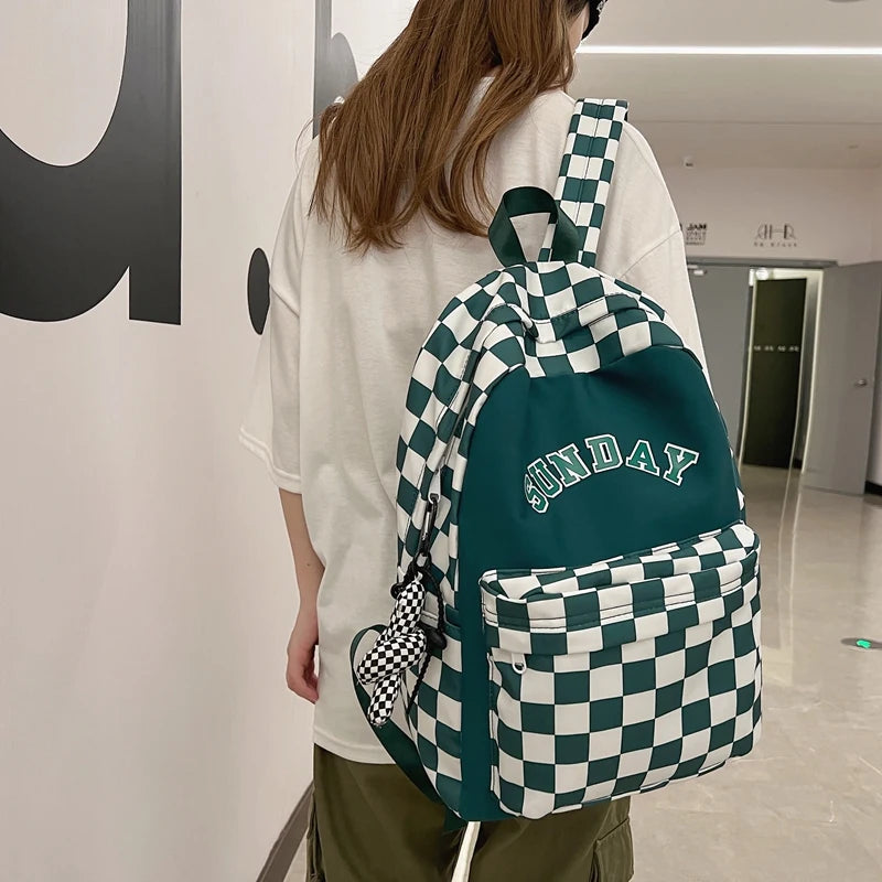 Printed Women Backpack Nylon Travel Bag Plaid Schoolbag Girls Bookbag
