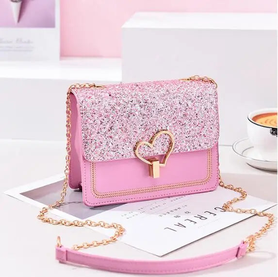 Sequin Leather Chain Messenger Bag Shoulder Handbag