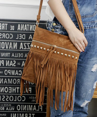 Vintage Brown Rivet Crossbody Shoulder Bag For Women With Long Strap