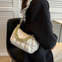 Pleated Leather Shoulder Bag Crossbody with Chain Top Handle
