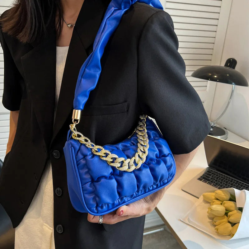 Pleated Leather Shoulder Bag Crossbody with Chain Top Handle