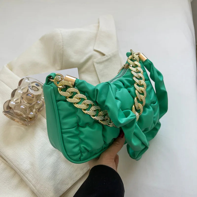 Pleated Leather Shoulder Bag Crossbody with Chain Top Handle
