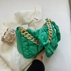 Pleated Leather Shoulder Bag Crossbody with Chain Top Handle