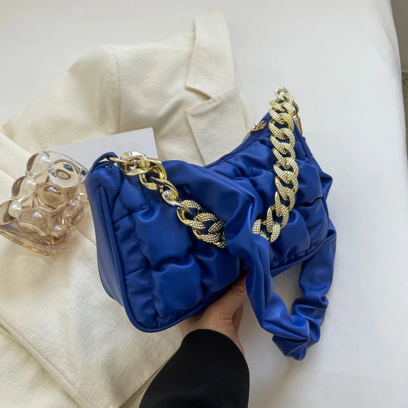 Pleated Leather Shoulder Bag Crossbody with Chain Top Handle