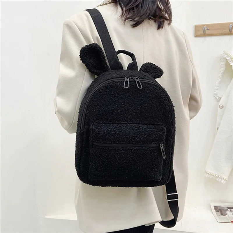 Rabbit Backpack Fluffy Plush School Bag with Bunny Ears Zipper