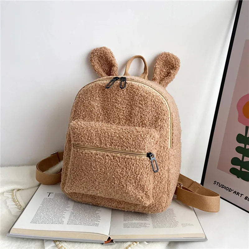 Rabbit Backpack Fluffy Plush School Bag with Bunny Ears Zipper