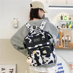 Purple Plaid Cow Pattern Backpack Travel Bag
