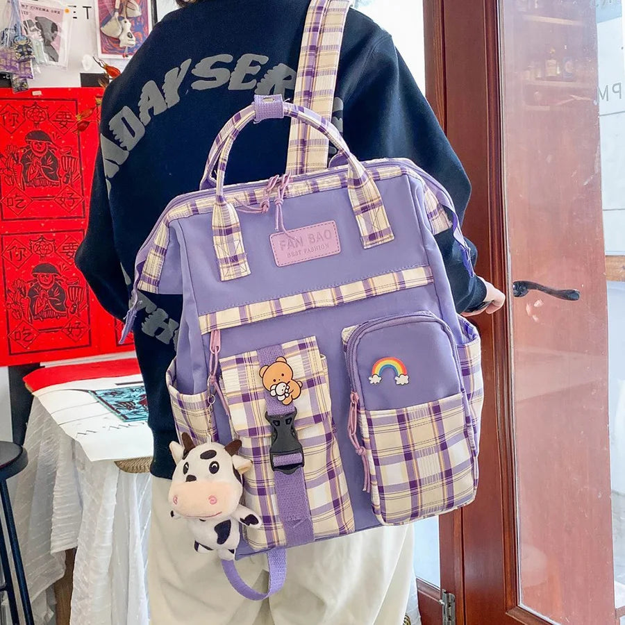Purple Plaid Cow Pattern Backpack Travel Bag