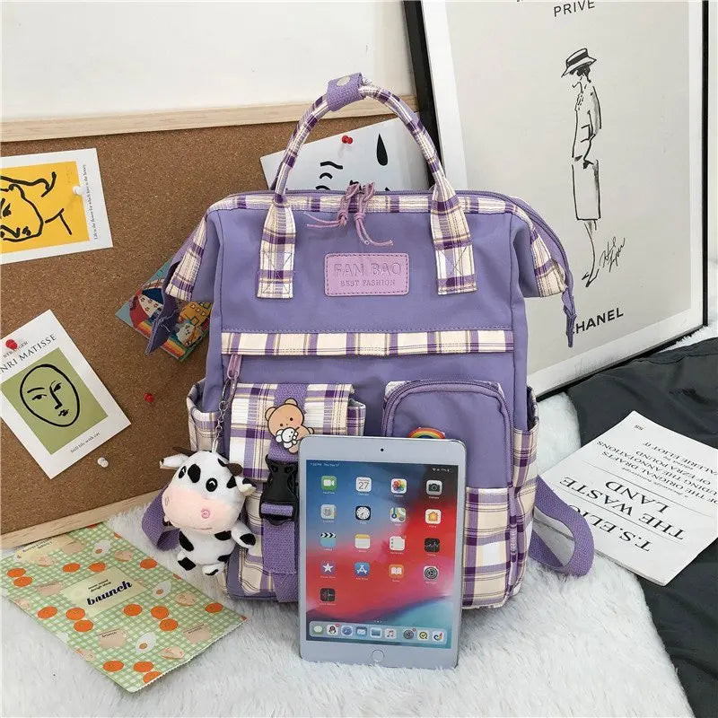 Purple Plaid Cow Pattern Backpack Travel Bag