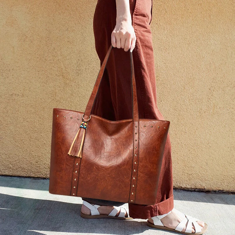Retro Large Women Tote Shoulder Bag PU Leather Female Shopping Bag