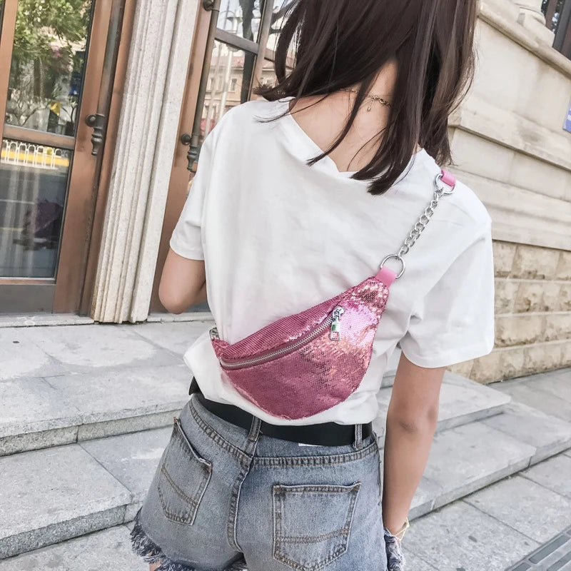 Sequin Fanny Pack Female Waist Bag Chest Pouch Shoulder Wallets Women