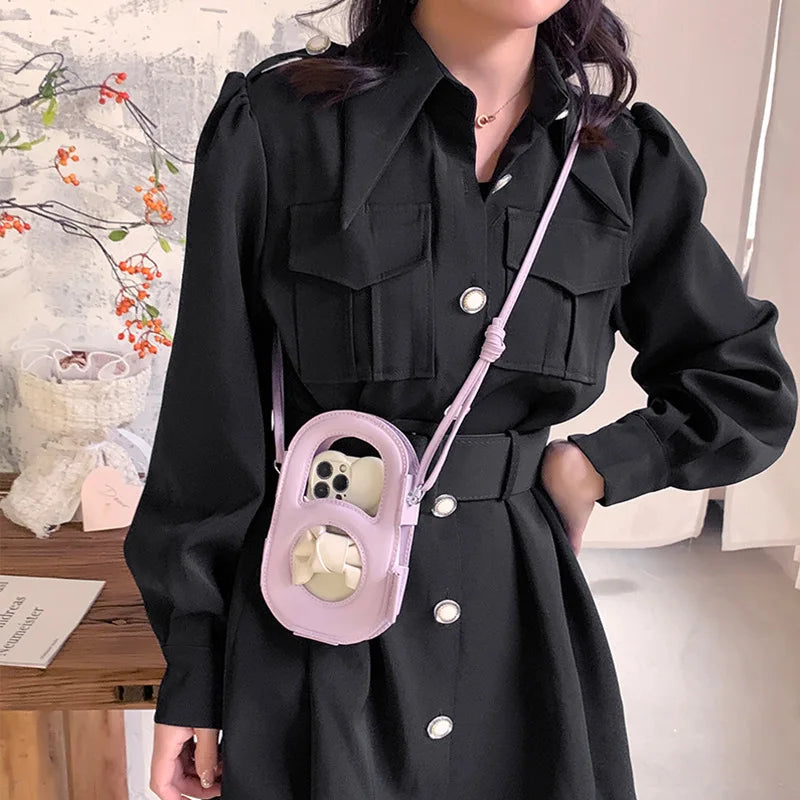 Solid Crossbody Bag Women PU Shoulder Bag Casual Openwork Portable Bag Phone Bag