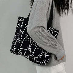 Spring Autumn Cat Tote Bag Small Canvas Handbag Zipper Shopper