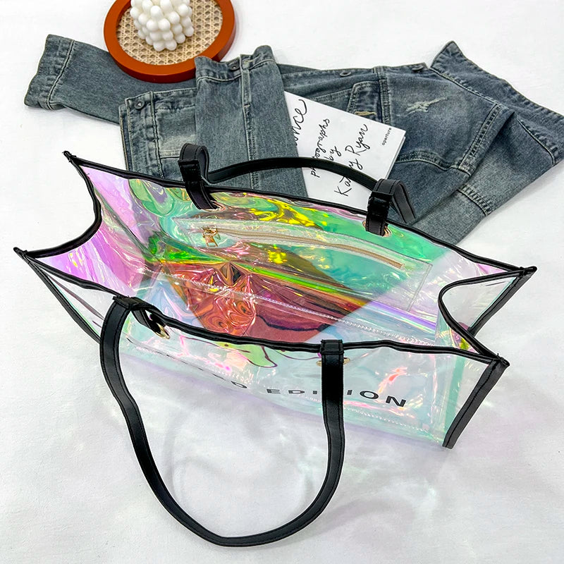 Summer PVC Clear Ladies Tote Bag Laser Colourful large Capacity Female Handbag