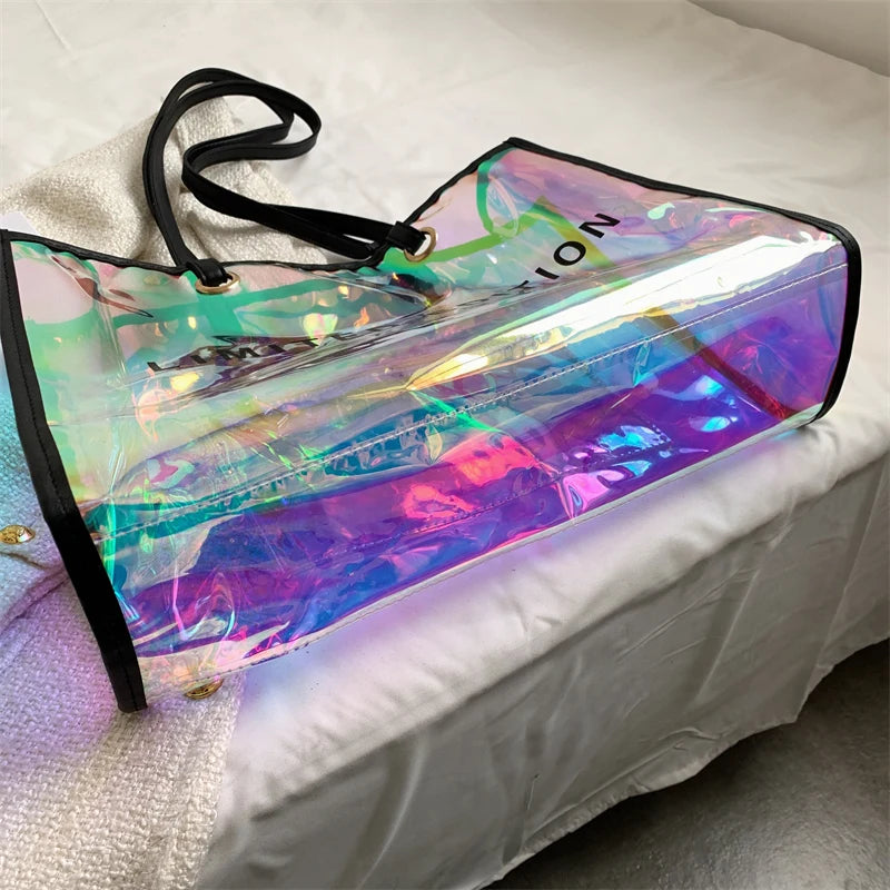 Summer PVC Clear Ladies Tote Bag Laser Colourful large Capacity Female Handbag