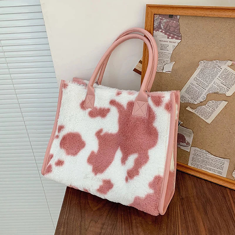 Leopard Print PU Leather Tote Bag Plush Winter Shopping Bag