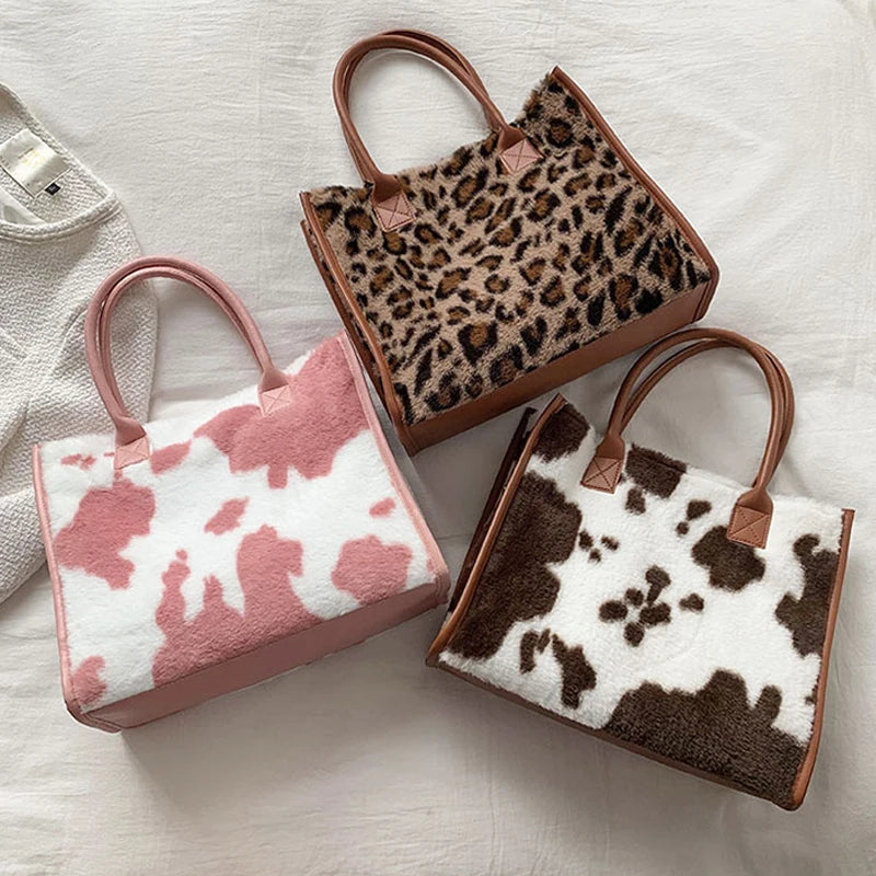 Leopard Print PU Leather Tote Bag Plush Winter Shopping Bag