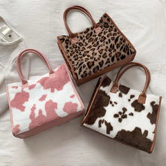 Leopard Print PU Leather Tote Bag Plush Winter Shopping Bag