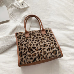 Leopard Print PU Leather Tote Bag Plush Winter Shopping Bag