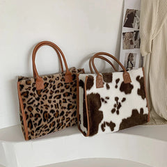 Leopard Print PU Leather Tote Bag Plush Winter Shopping Bag