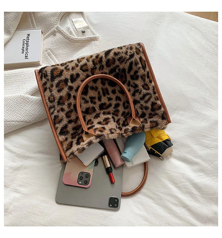 Leopard Print PU Leather Tote Bag Plush Winter Shopping Bag