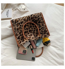 Leopard Print PU Leather Tote Bag Plush Winter Shopping Bag